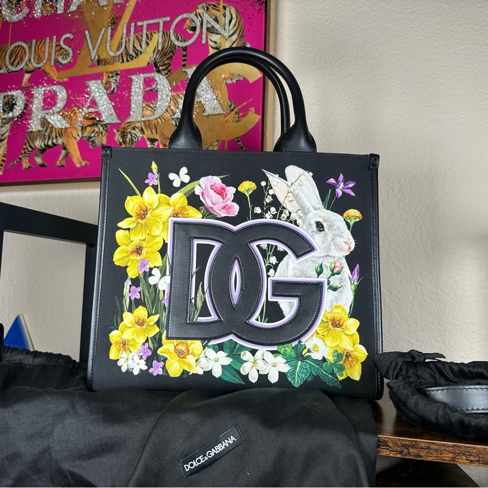 NWT Dolce & Gabbana Black Floral DG Leather Satchel Tote
